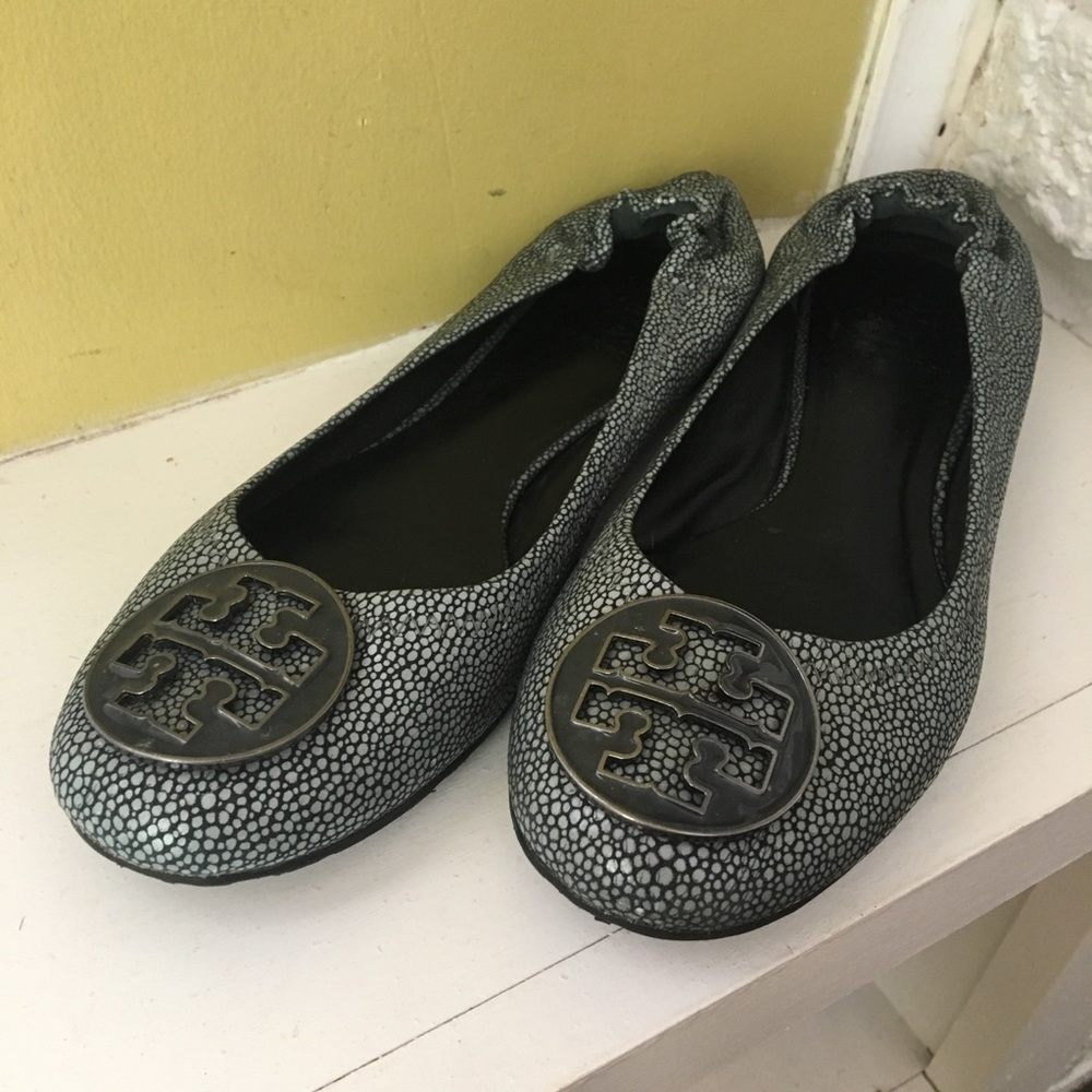 Tory Burch Speckled Metallic Silver Reva Flats 7